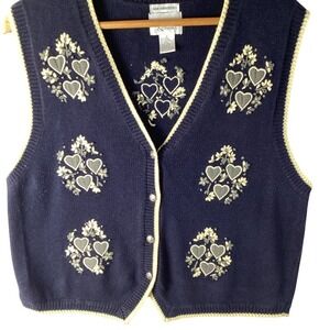 Christopher Banks Navy Blue Embroidered Hearts Sweater Vest Women's XL